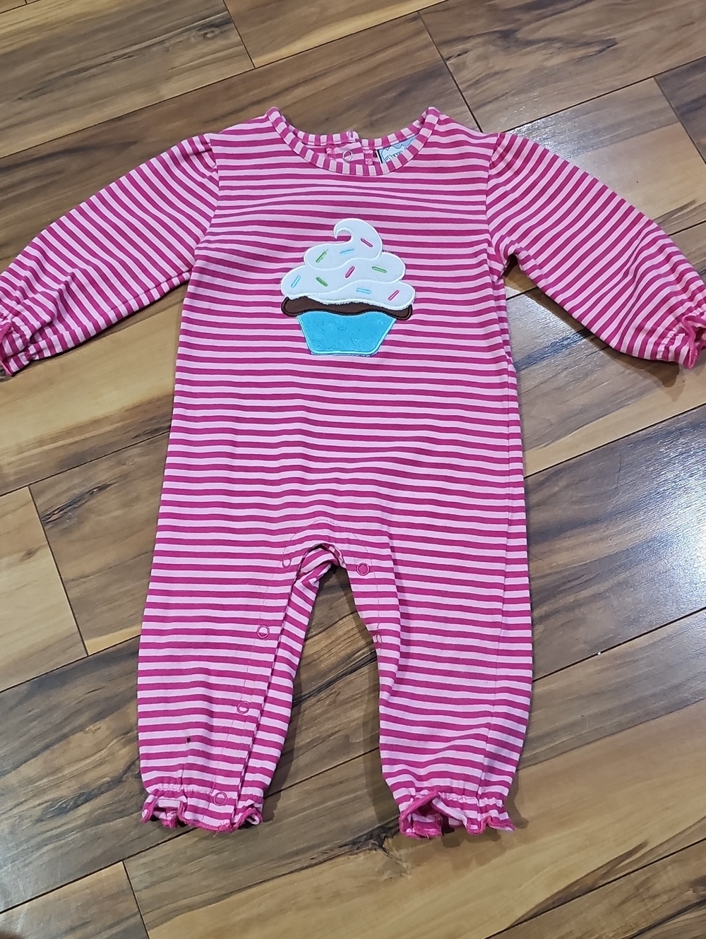 Three Sisters 12 Months Pink Striped Kids One-Piece with Cupcake Applique